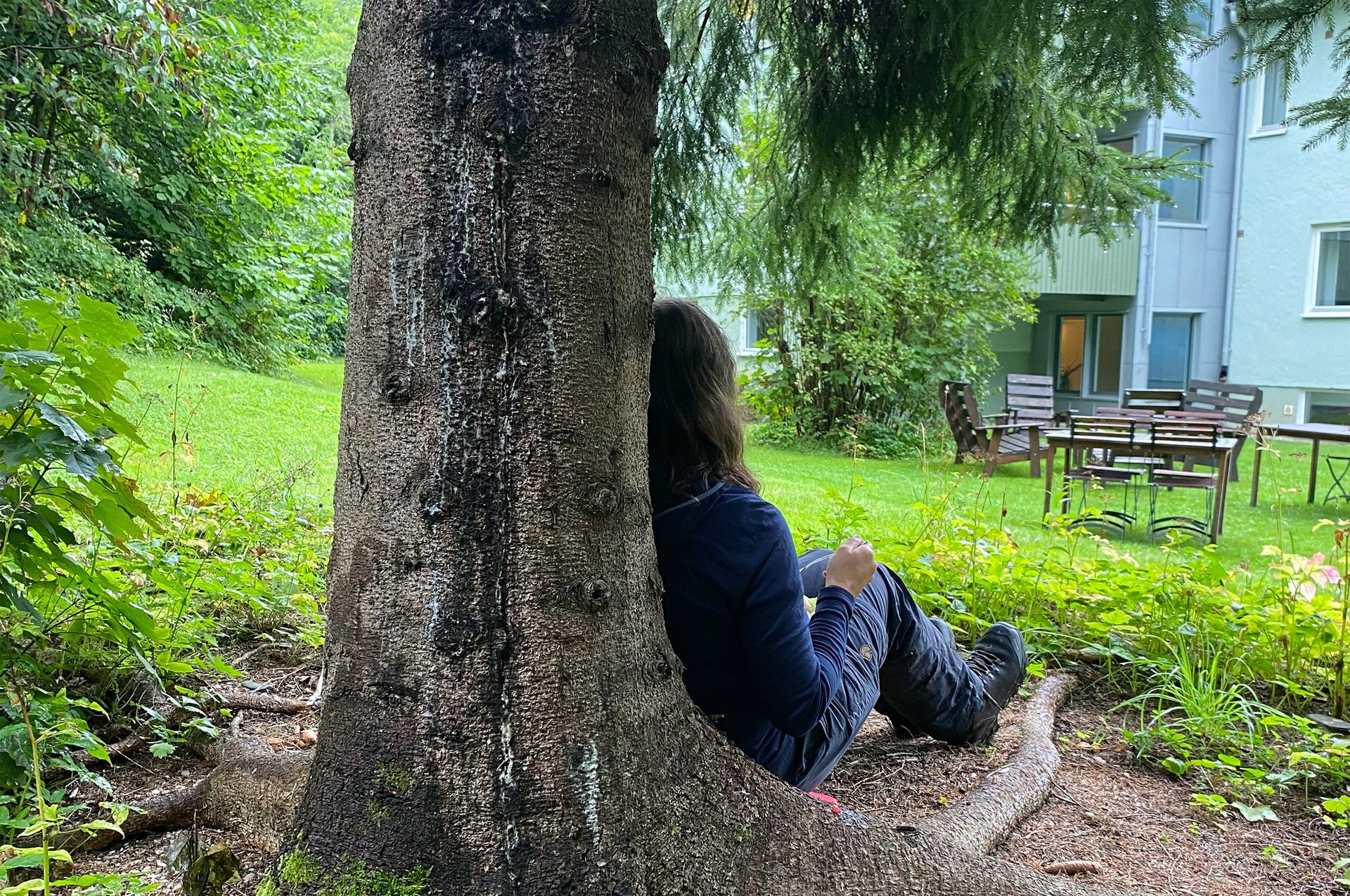 Vandrare sitter lutad om träd.